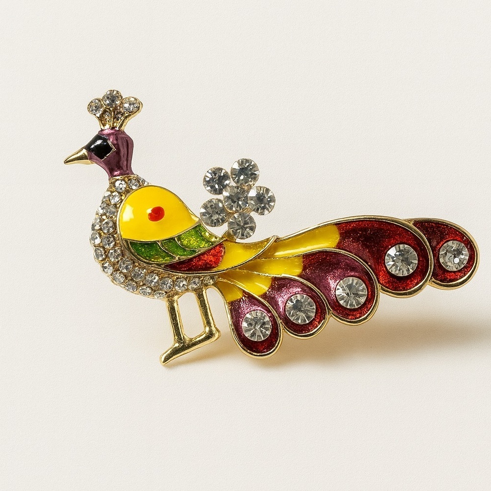 Chic Yellow and Red Peacock Brooch With Cubic Zirconia